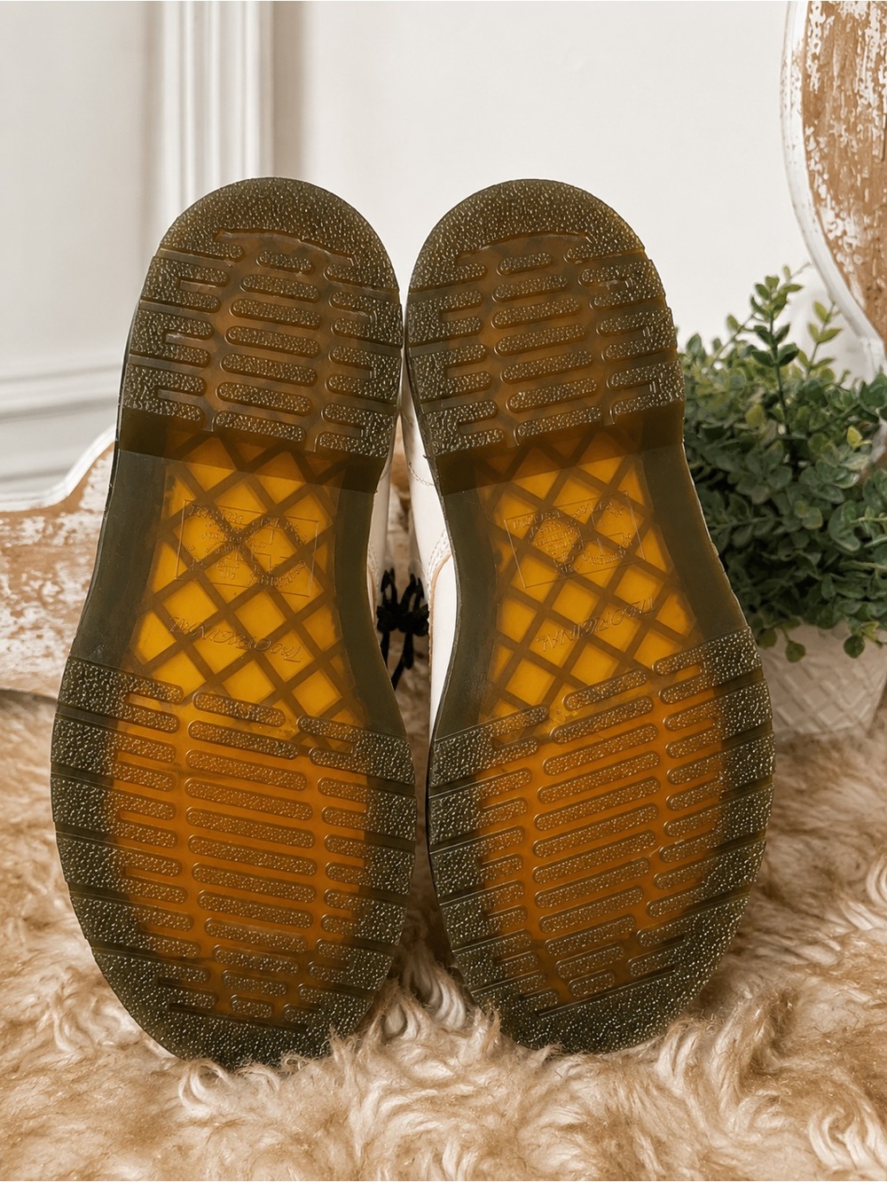 Dr. Martens Cream Lace-Up Combat Boots with Black Laces and Yellow Stitching - Picture 2 of 4
